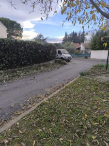 Un van blanc garé près d'une haie fraîchement taillée, des débris végétaux jonchent la petite route résidentielle en automne.