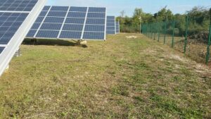 Rangées de panneaux photovoltaïques inclinés sur support dans une ferme solaire, bordée d'une clôture de sécurité verte et d'herbe sèche.